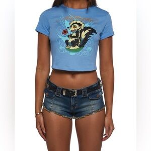 Ed Hardy Blue Crop Top with Cartoon Graphic